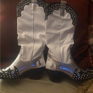 White & Silver Studded Western Lace-Up Boots for Women